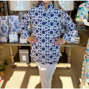 NWT Jude Connally Cricket Top Tunic in Bamboo Rattan Navy White Print Sz S
